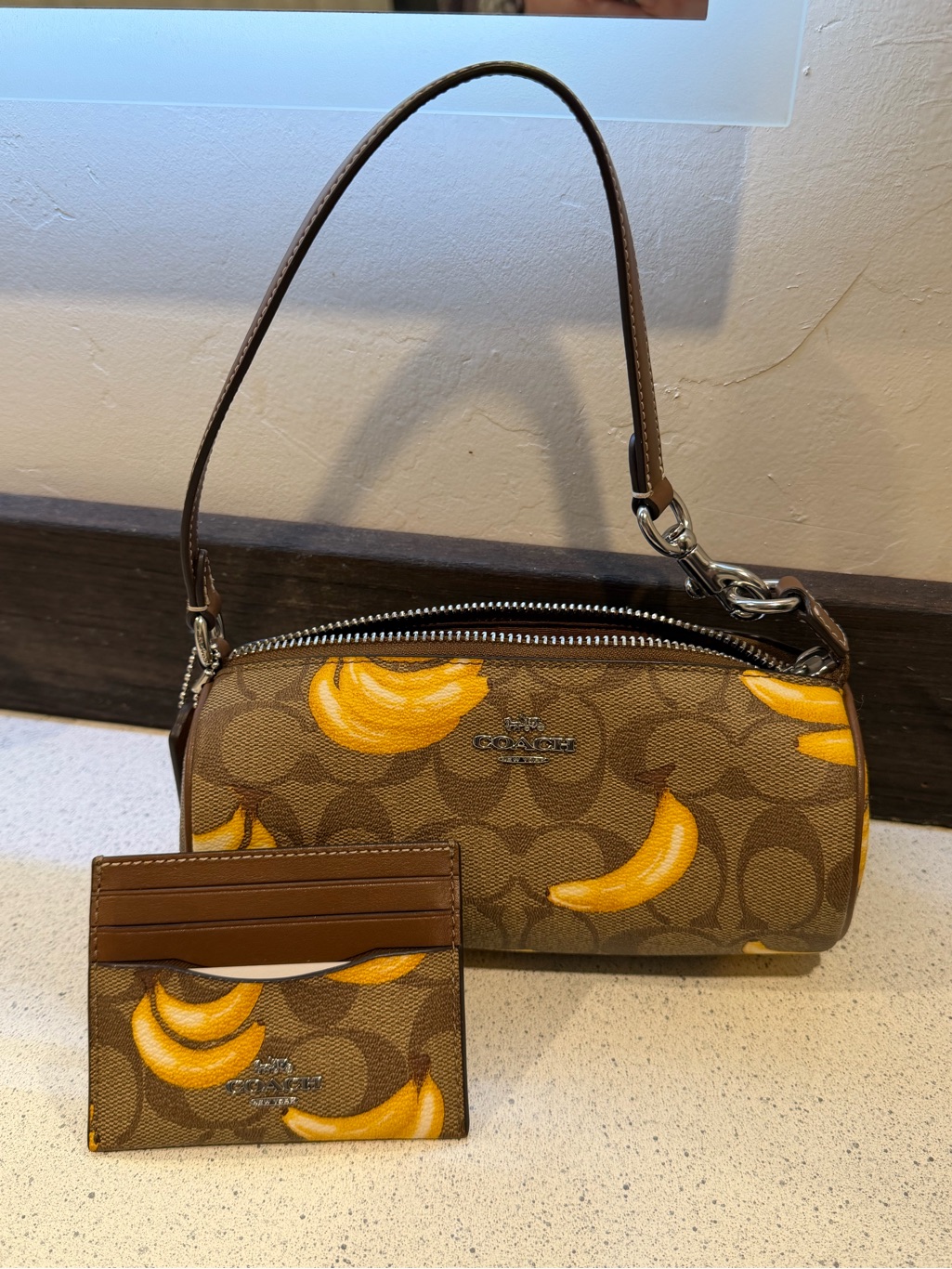 Coach Brown Signature Canvas Banana Print Mini Shoulder Bag With Card Case